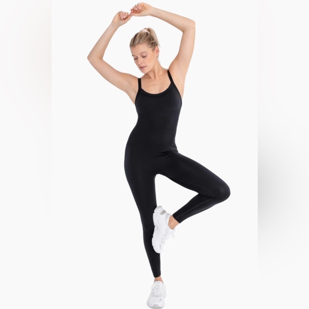 Mono B Black Full Length Seamless Micro-Ribbed Jumpsuit